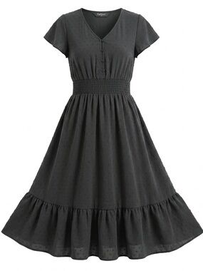 Black Smocked Waist Midi Dress